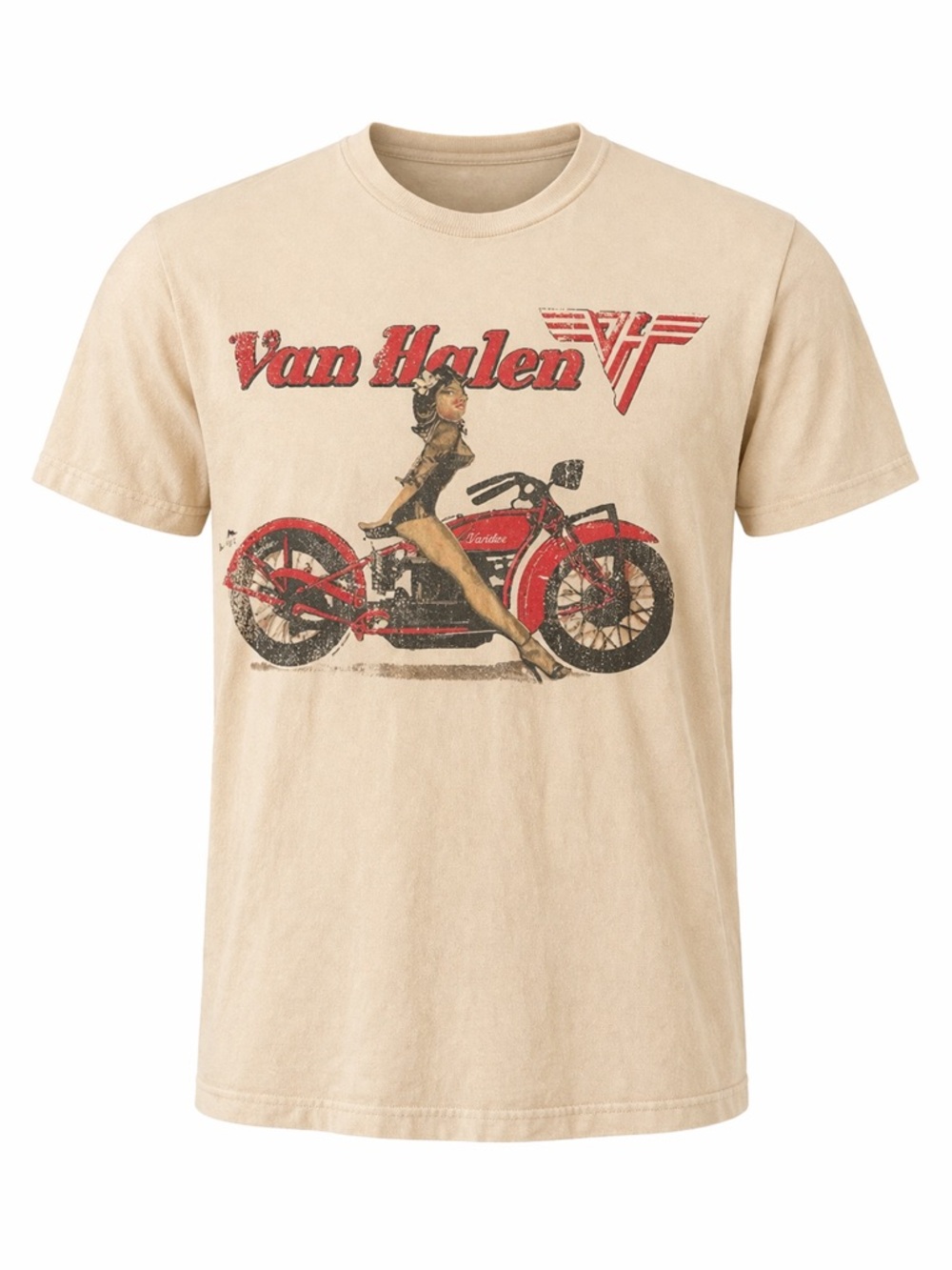 Van Halen Graphic T Shirt Cream Vintage Style Motorcycle Pin Up Rock Band Tee